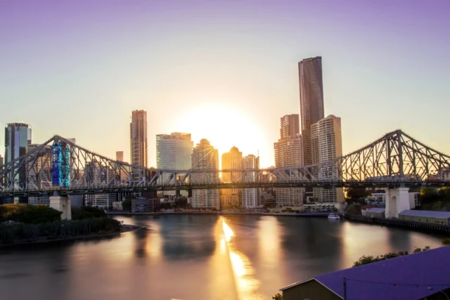 Brisbane skyline at sunset over the Story Bridge