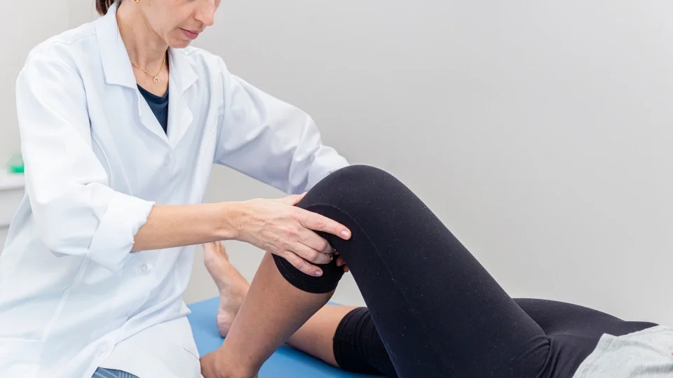 Physiotherapist assessing a patient's knee