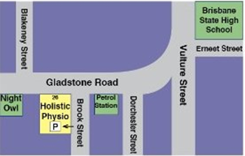 Map showing Holistic Physio's location on Gladstone Road, Highgate Hill